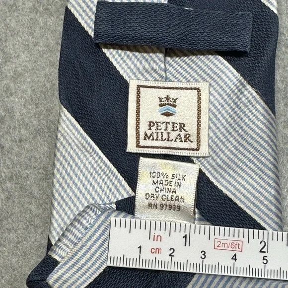 Peter Millar Silk Tie Navy Blue Striped Repp Classic Hand Folded Designer 59x3.2 - Picture 3 of 6